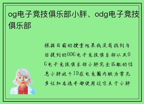 og电子竞技俱乐部小胖、odg电子竞技俱乐部