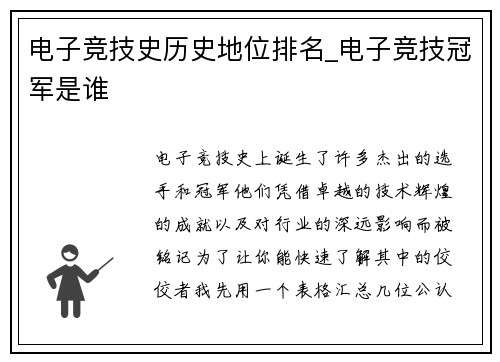 电子竞技史历史地位排名_电子竞技冠军是谁